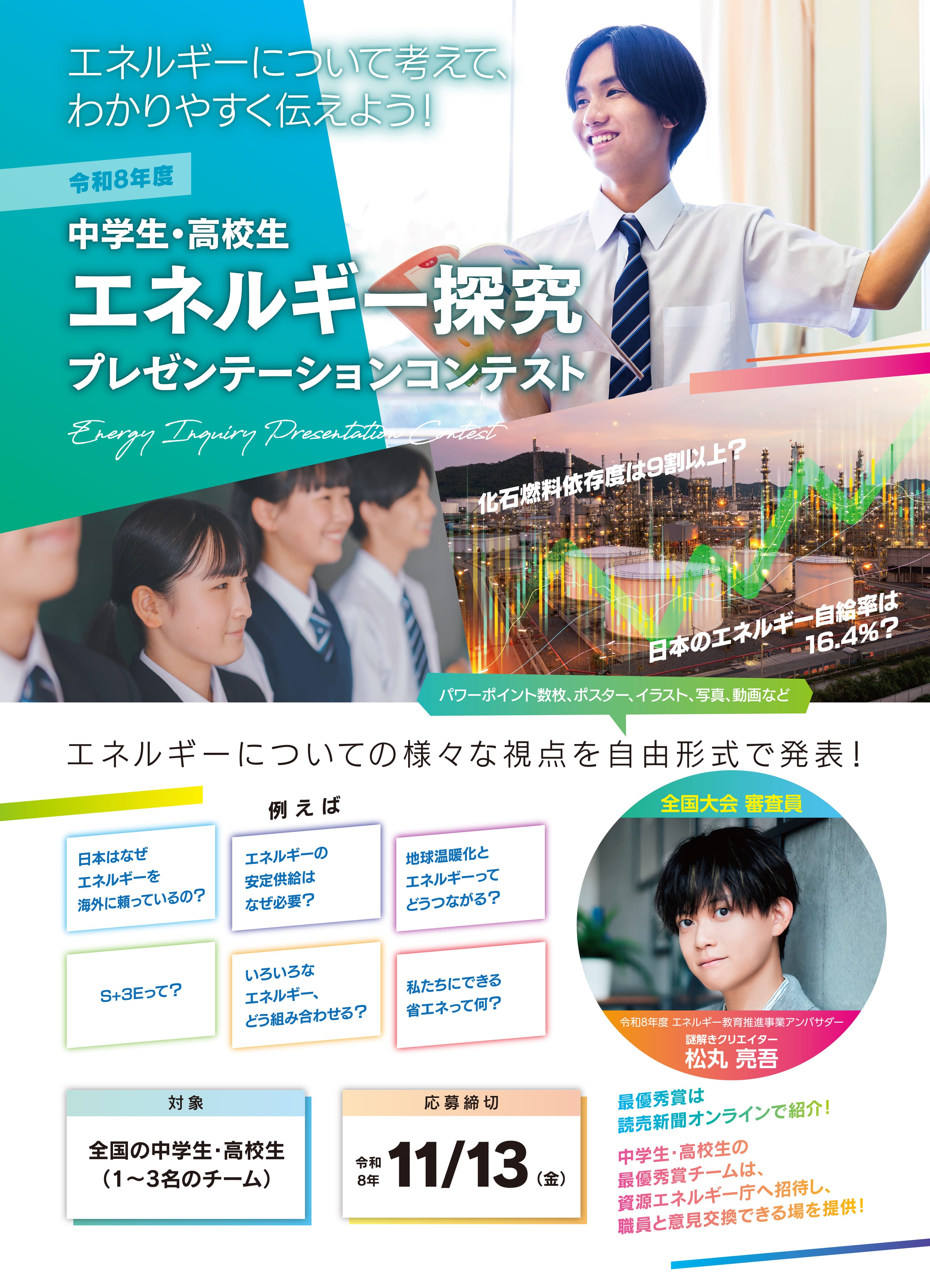 エネルギーについて考えて、わかりやすく伝えよう！令和8年度 中学生・高校生 エネルギー探究 プレゼンテーションコンテスト エネルギーについての様々な視点を自由形式で発表！ パワーポイント数枚、ポスター、イラスト、写真、動画など 例えば 日本はなぜエネルギーを海外に頼っているの？ エネルギーの安定供給はなぜ必要？ 地球温暖化とエネルギーってどうつながる？ S+3Eって？ いろいろなエネルギー、どう組み合わせる？ 私たちにできる省エネって何？ 全国大会 審査員 令和8年度 エネルギー教育推進事業アンバサダー 謎解きクリエイター松丸 亮吾 対象全国の中学生・高校生（1〜3名のチーム） 応募締切 令和8年 11/13（金）最優秀賞は読売新聞オンラインで紹介！中学生・高校生の最優秀賞チームは、資源エネルギー庁へ招待し、職員と意見交換できる場を提供！